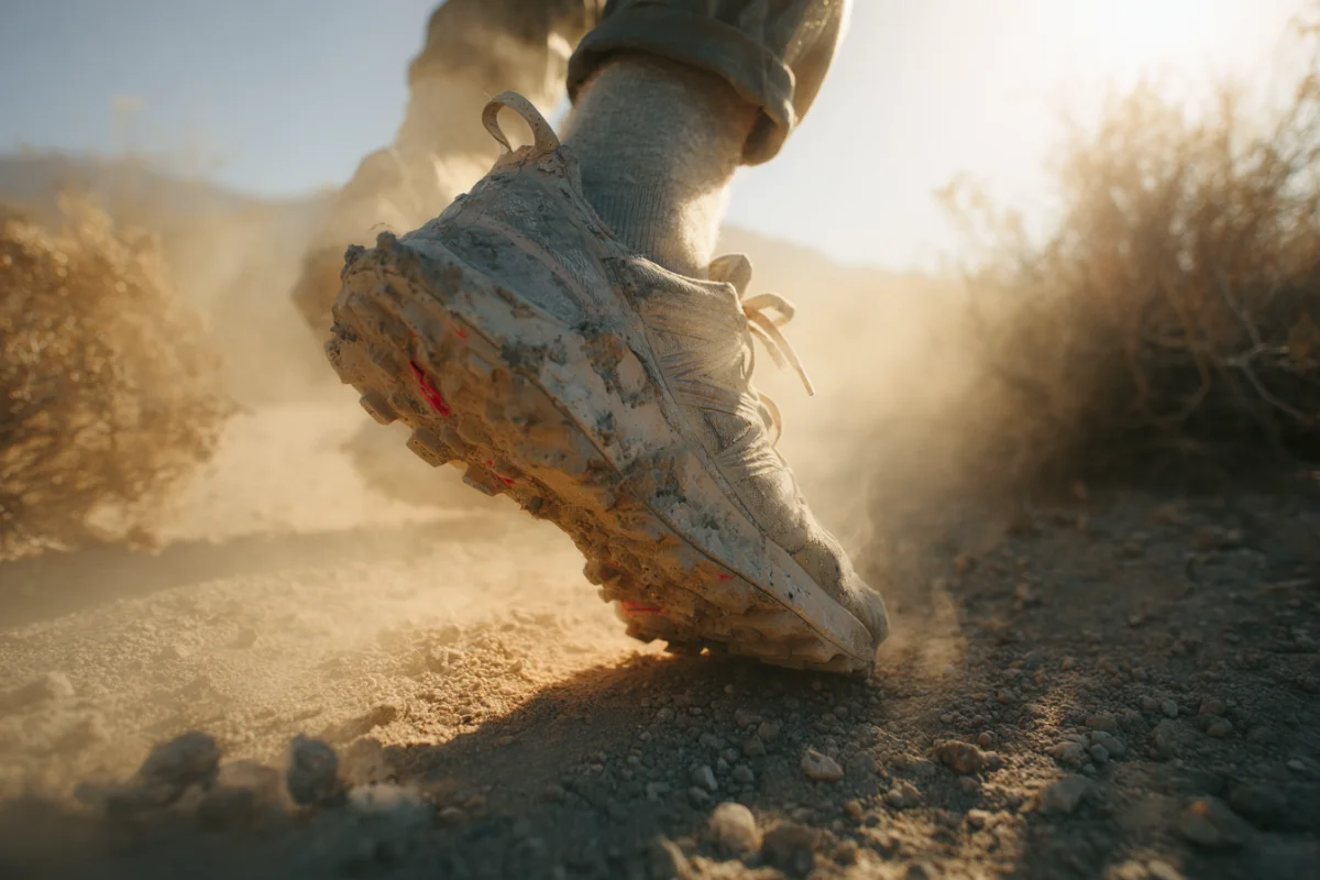A close view of a trail running shoe pushing off a dusty dirt trail, dust catching the low sun
