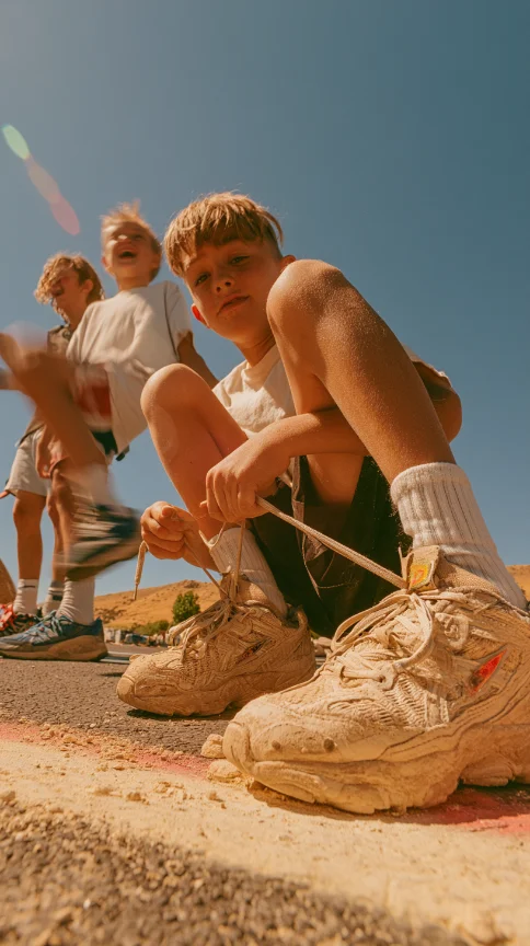 A group of kids sitting along a curb in the sun, tying their running shoes