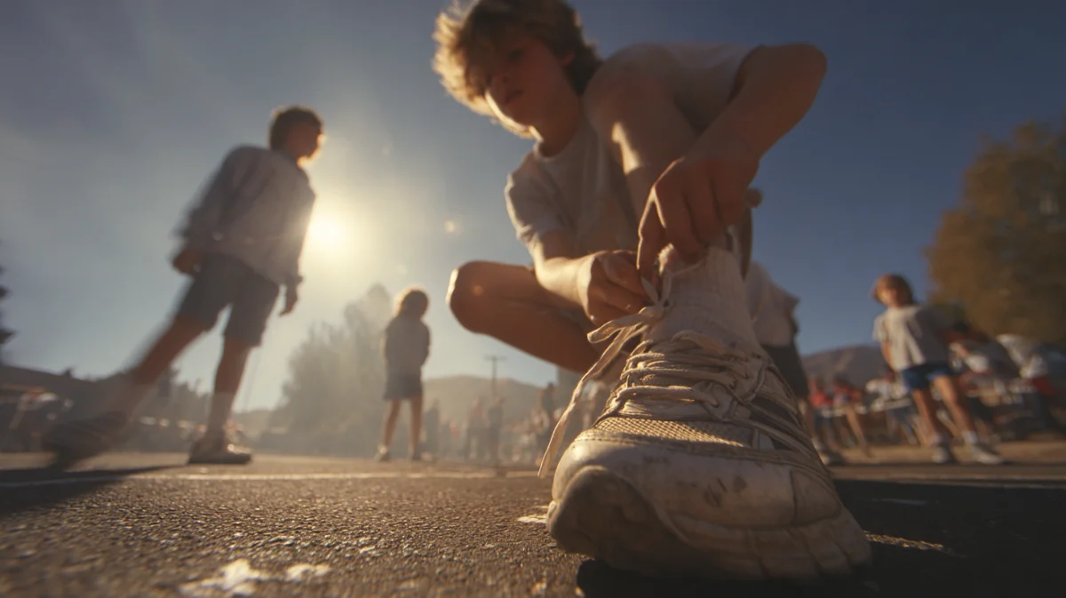 A young runner crouched on the road at sunrise tying a shoe, other runners warming up behind