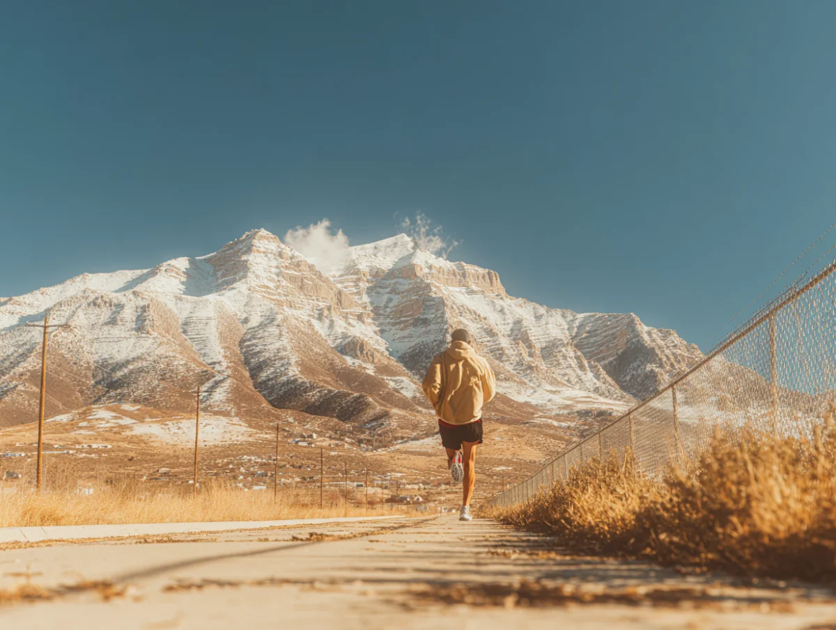 A runner on a path below Mount Timpanogos, its ridgeline still under snow