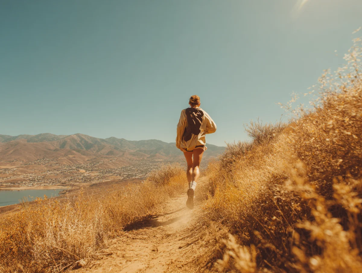 A runner climbing a dirt trail through golden grass on the foothills above Utah Valley