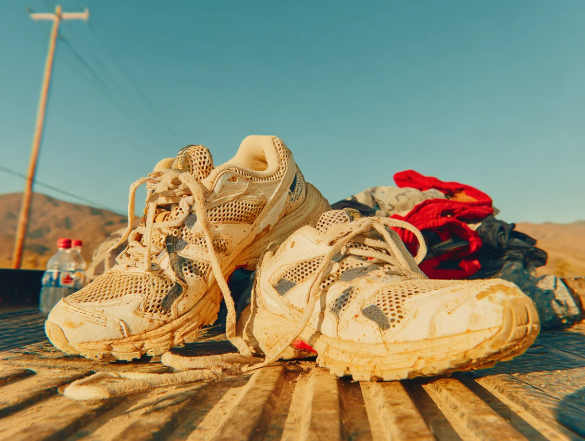 Dusty, well-worn running shoes and a pile of gear on a tailgate after a run